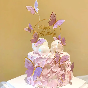 DIY Decoração do Bolo Feliz Aniversário Tema Borboleta de Papel Cake Topper Roxo Fada Borboleta Decoração do Bolo Insere 2022 Novo