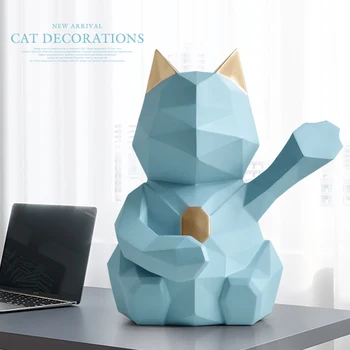 decoração de casa de gato estatueta para casa, escritório estátua de mesa secretária de enfeites para decoração Geométrica resina sorte gato escultura