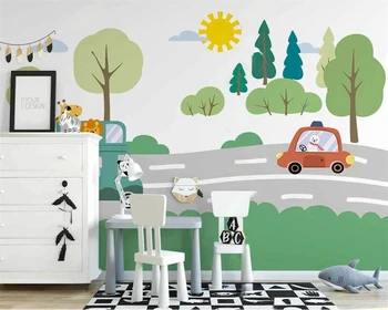 beibehang papel de parede Personalizado moderno new Nordic pintados a mão dos desenhos animados de animais carro de estrada crianças de plano de fundo do papel de parede
