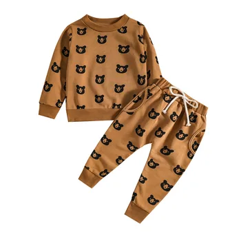 Pudcoco 1-5Y 2Pcs de Treino de Pijama Conjuntos de desenhos animados Urso Bonito Imprimir O-Pescoço Pulôver Tops+Calças Calças de Roupas Sleepwear