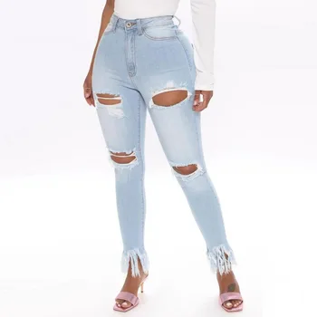Ripped Jeans para Mulheres de Verão Sexy Buraco de Borla Cintura Alta Jeans Skinny Mulheres Trecho Push-Up Lápis Calças Jeans