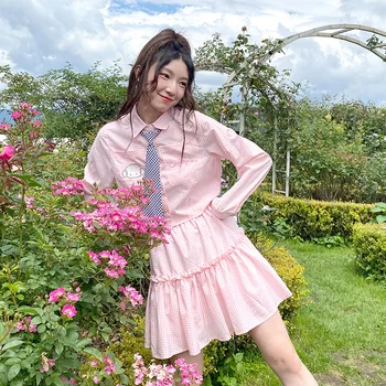 Kawaii Sanriod Anime Hobby Cogimyun a Primavera e o Outono Nova Camisa Bordado Faculdade Estilo de Saia Xadrez Laço Terno Namoradas
