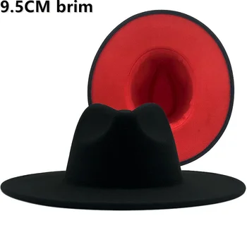 Novo Estilo Britânico de Lãs do Inverno Sólido Clássico Fedora Cap Homens Mulheres Panamá Jazz Chapéu De 9,5 Cm de Largura da Borda Grande Balck Red hat