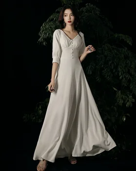 Simples E Elegante Do Estilo De Coreia, Decote Em V Uma Linha De Metade Mangas Cetim Macio No Tornozelo Comprimento Do Vestido De Casamento Do Vintage Vestido De Noiva Vestido