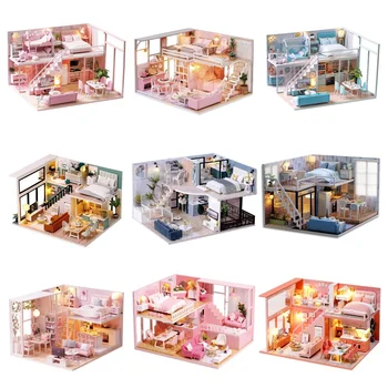Madeira DIY Kit de Casa de bonecas cor-de-Rosa Loft, Casa de Casa de Boneca em Miniatura Com Montagem de Móveis Villa Brinquedos Para os Amigos Presentes de Aniversário