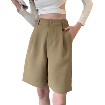 Ｗomen Verão Calças Até O Joelho Calças Curtas Para As Mulheres Sólido Casual Streewear Calcinha Mulheres De Cintura Alta Em Linha Reta Calças