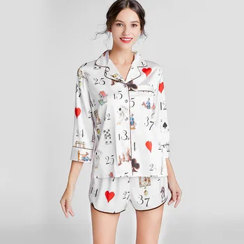 2020 novas roupas para mulheres de cetim lapela do pijama conjunto caracterizado impresso pijamas sexy homewear conjunto de shorts