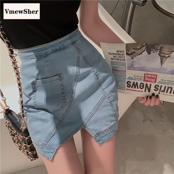 VmewSher Nova Coleção Primavera / Verão As Mulheres Saia Jeans Irregular Dividir A Bainha Casual Curto Fêmea Mini Hip-Wrap Jean Saias Sexy Fino De Lápis
