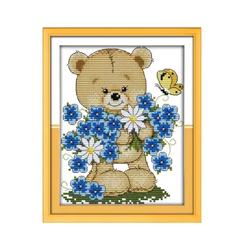 Alegria de domingo de Ponto de Cruz, Kits de ursinho Segurando Flores Padrões Impressos Chinês Bordado Bordado se Encaixa para o Quarto das Crianças