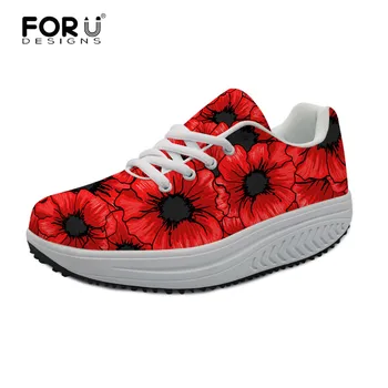 FORUDESIGNS Mulheres Sapatos Flats Plataforma Vermelha Flor de Hibisco Impressão de Aumento da Altura Senhoras Balanço do Emagrecimento do Sapato de Mulher Zapatos