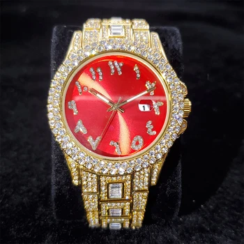 MISSFOX árabe Digital Vermelho Mostrador Relógio masculino Total Diamante de Luxo, Relógio de Ouro, o Homem Hiphop Calendário do Homem de Aço Inoxidável Relógios de Festa
