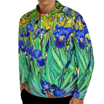 Vintage Flor de Impressão polos Homens Íris por Van Gogh Camisa Casual Primavera de Tendências de Design de Manga Longa Oversized T-Shirts