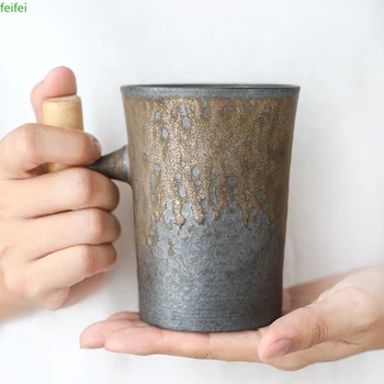 Vintage de Cerâmica, Canecas de Café de Estilo Japonês Xícara de Chá Copo de Ferrugem Esmalte Escritório de Chá de Leite em Caneca com Colher de Madeira Lidar com Copos