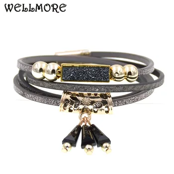 WELLMORE couro moda pulseira de moda braceletes frisados de cristal charme pulseiras para mulheres presentes Boêmio braceletes por atacado