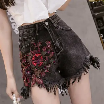2021 Mulheres Primavera Verão Elegantes Calções Senhora Bordado de Cintura Alta Wide-leg Jean Shorts Feminino Casual Shorts Jeans H595
