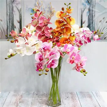 10 peças / SET Phalaenopsis Artificial Phalaenopsis Pano de Seda com Flores Artificiais de Plástico Flor da Decoração do Partido