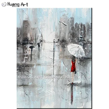 Pintados à mão, Dias de chuva Pintura a Óleo da Paisagem para Decoração de Sala de estar Saia Vermelha Menina com Guarda-chuva Street Paisagem Pintura