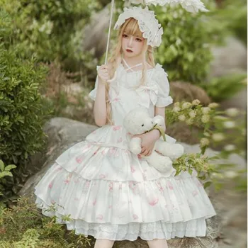 A impressão gothic lolita jsk sem mangas vestido vitoriano Doce princesa lolita vestido palácio de renda bowknot cintura alta kawaii vestido