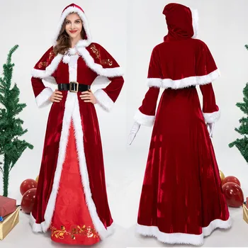 Deluxe Veludo Mulheres De Natal Vestido De Cosplay Fantasia De Papai Noel Vestido De Ano Novo De Natal Manto Traje Vestidos De Terno Para Adultos
