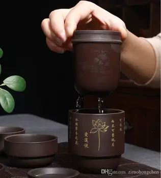 Teaset Quatro xícaras 1 pote de Cerâmica portátil viagem de chá com concêntricos copo roxo areia 