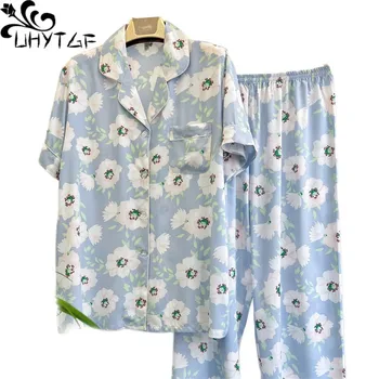 UHYTGF Primavera Verão Pijama Mulher Manga Curta de Algodão estampado de Seda Fina, Casa, Roupas, Pijamas Feminino-Calça de Pijama 2502
