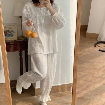 O Coreano Algodão Outono Pijama Conjunto De Mulheres Quadrado Camisas Com Gola + Calça Conjunto De Duas Peças De Casa De Terno Laço Floral Solto Branco Homewear