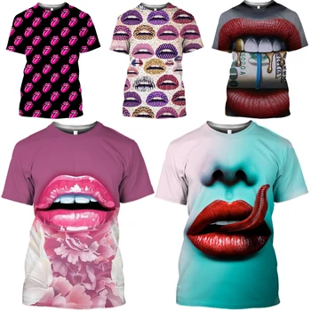 Mamba Superior de Impressão 3D Homens T-Shirt Batom Vermelho Lábios Sensuais Tshirt Mulheres Streetwear Dente Língua Microfone Amor Romântico Beijo Hip Hop