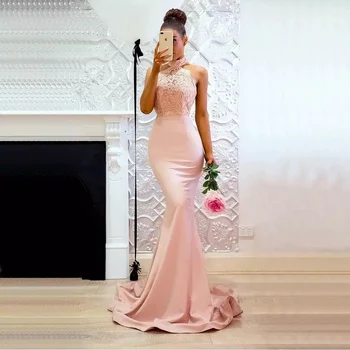 Dama de honra de cetim Vestidos de Sereia 2022 Lantejoulas Frisado Apliques de dama de Honra, com Gola Alta, Festa Formal Vestidos de Baile Para o Casamento Novo