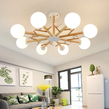 Nordic pássaro lâmpada sala de estar, cozinha led bulbo de vidro lustre de madeira lustre de aves lâmpada decorativa a iluminação home