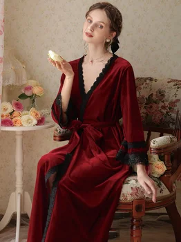 Elegante Manto de Veludo Pleuche de Veludo Longa Noite Vestido de Vestes para as Mulheres Homewear francês Courty Vintage Camisola Roupão de Pijamas