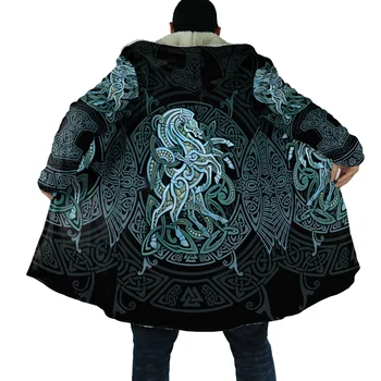 Viking Lobo Odin Raven Tatuagem 3D Impresso Homens de Lã com Capuz do Manto Unissex Casual Grossa Quente Cabo casaco