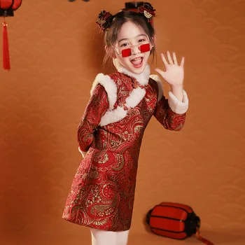 Estilo Chinês De Inverno De Dança Trajes Fase De Espessura Vestido Vermelho Crianças De Impressão Qipao Hanfu Tradicional Tang Terno