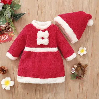 Infantil Bebê Meninas de Vestido de Natal em Patchwork Gola Redonda, Manga Longa Vestido de Inverno Quente Luxuoso Vestido com Chapéu