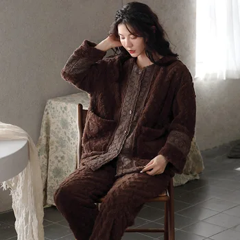 Casual Pijamas Mulheres Pijama de Flanela Conjunto de Salão Wear Outono Inverno Quente de Dormir Macio Pijamas Homewear 2pcs Camisa&Calças