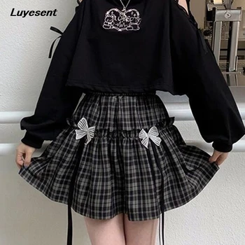 Y2k Lolita Xadrez Garota De Mini-Saia Senhora Harajuku Kawaii Plissado Arco Saias De Babados Branco Preto Gótico Midi Coreano Moda Colth