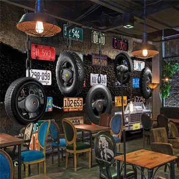 Retro Placa de Licença Pneus de carros Clássicos Industrial Vento Mural, papel de Parede 3D Restaurante, Bar, KTV de Fundo de Parede Decoração o Papel de Parede 3D