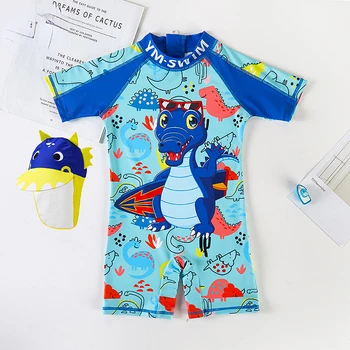 Maiô Menino de Dinossauros de Impressão UPF50 Bebê roupa de Banho de Uma Peça com Protetor solar Boné Meninos de Sunga de Praia Kids Rashguard Surf Wear