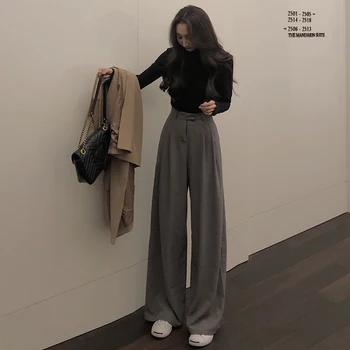 Retro Cor Sólida Selvagem Reta Grande Perna de Calça Feminina da Primavera Novo coreano Moda Cintura Alta Casual Calças compridas streetwear mulheres