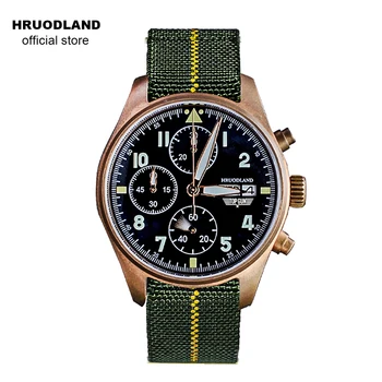 Hruodland Bronze Quartz Homens Relógios de Cristal de Safira Resistente à Água 100m Cronógrafo Multifuncional Piloto relógio de Pulso Masculino