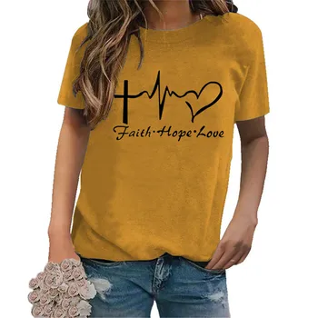 Fé Amor Esperança Tshirt Mulheres De Manga Curta Jesus Cristã T-Shirts De Verão Bonito Gráfica Tees Tops
