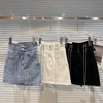 2022 moda verão zíper da saia do denim das mulheres de cintura alta pacote de quadril de uma linha de mini saia