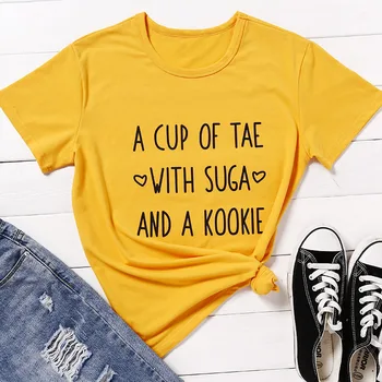 Mulher Casual de Uma Xícara de Chá Camisetas Verano Mulher T-Shirt Gráfico Superior Tae Suga Kookie T-Shirt das Mulheres T-Shirt