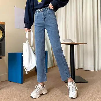 Nova moda e mulheres simples do alto-cintura magro calças bolso de botão temperamento reta-leg jeans mostrando finas e pés de altura