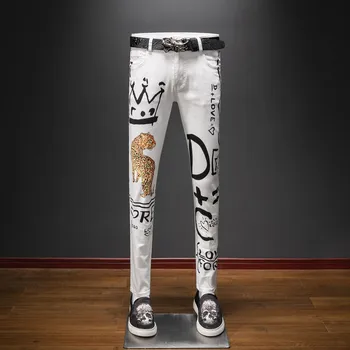 Verão Leopard man Impressão de Graffiti Jeans Slim Fit Leve Estiramento Branco de Algodão, Denim, Calças Para Homens