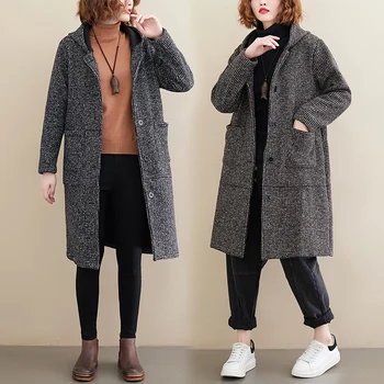 Novo tamanho Grande de mulheres Jaqueta, casaco de Outono Inverno Engrossar longo Roupas Vintage senhoras casacos com Capuz de Lã Casacos femininos 4XL
