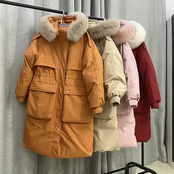2021 inverno nova jaqueta mulheres é de comprimento médio solta e grossa grande gola de pele para superar o branco pato para baixo do casaco