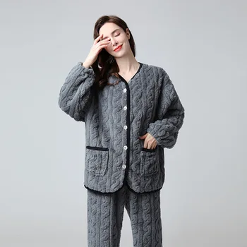 2022 Nova No Inverno Mulheres Casaquinho de Calças de 2 peças do Conjunto de roupa de dormir Multicolor Quente Pijama Flanela Macia de Espessura Jacquard Loungewear