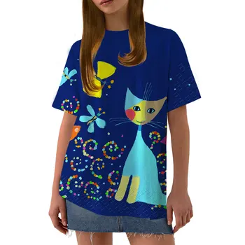 Moda verão feminina T-shirt digital de impressão 3D de manga curta T-shirt gato bonito jogo de borboleta em torno do pescoço de cima solta e comfor