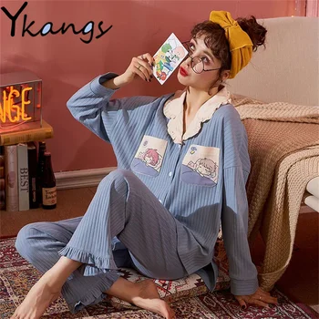 De algodão de Impressão de desenhos animados Pijama Conjunto de 2022 Primavera, Outono Moda Kawaii Oversized Botão de Lapela Pijamas Solta Mulheres DO Lar Vestuário