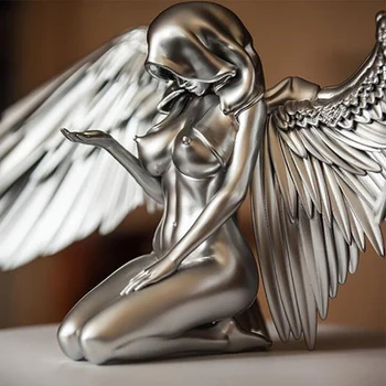 Anjo Prateado Estátua De Arte Angel Feminino Asas De Joelhos Cabo Tampa De Asas De Anjo Escultura Enfeites Artesanato Decoração Home
